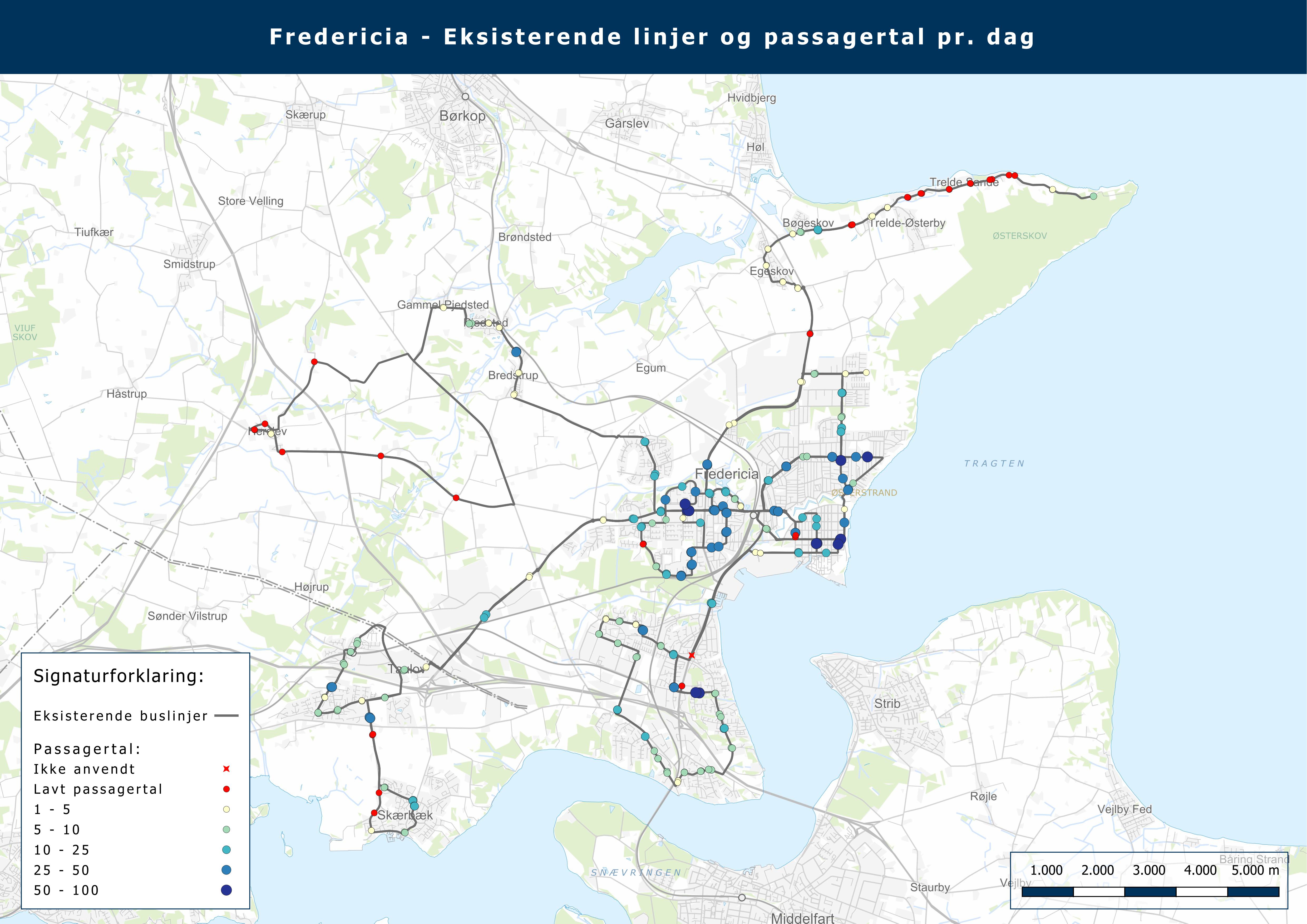 Passagertal fordelt på stoppesteder betjent af de nuværende ruter.